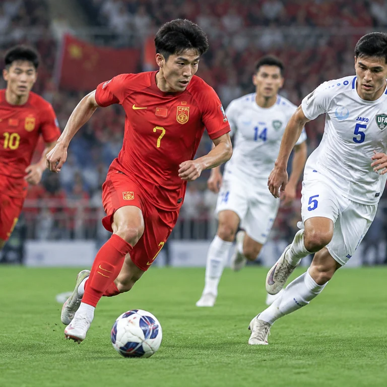 U23国足对阵乌兹别克斯坦的比赛画面，胡荷韬带球推进