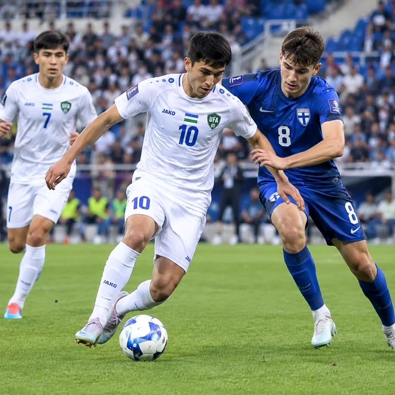 乌兹别克斯坦U21球员在比赛中争抢球权